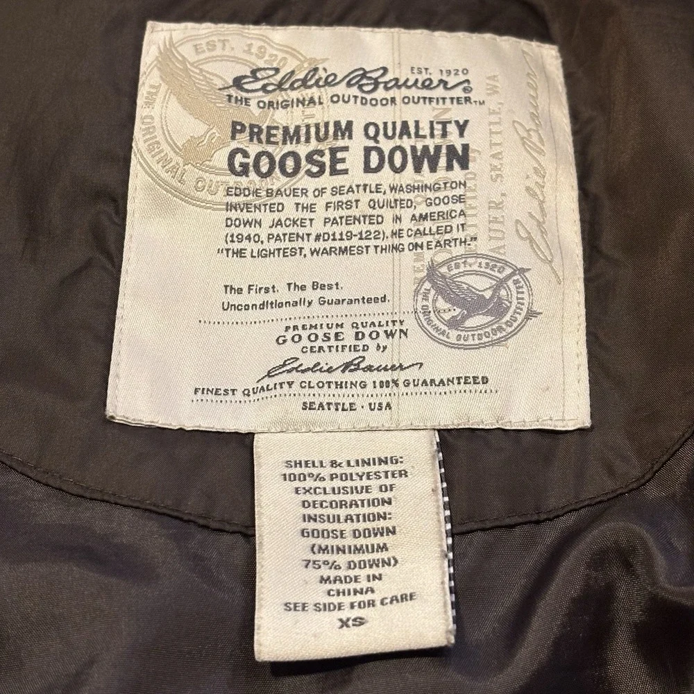 Vintage Eddie Bauer Premium Goose Down Puffer Jacket Womens XS Brown Quilted 90s